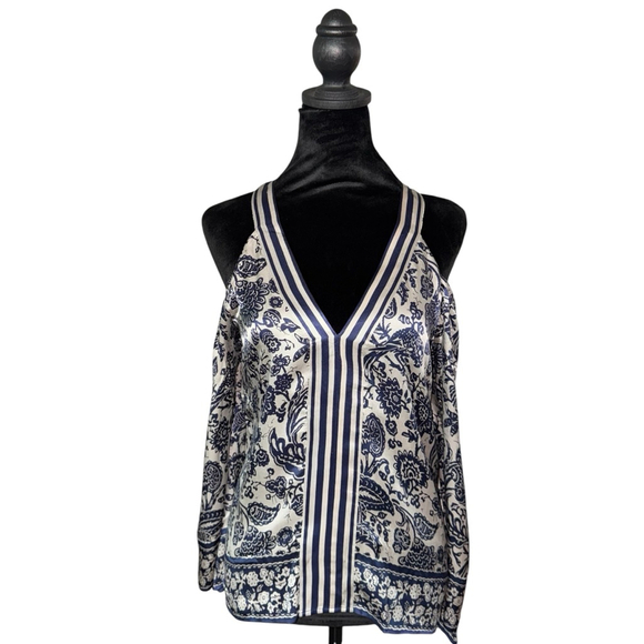 100% Silk Calypso St. Barth Top Size S Blue White Floral Cold Shoulder cruise - Picture 1 of 10